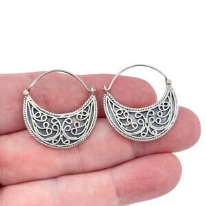 Vintage Sterling Silver 925 Filigree Crescent Hoop Earrings